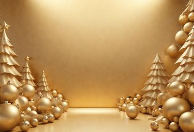 The primary subject of the image is a gold background with two Christmas trees made of gold ornaments. The setting is a room with a wall, and the visual style is a combination of photo and digital art. The colors and mood of the image are warm and festive, with the gold ornaments creating a sense of luxury and celebration.